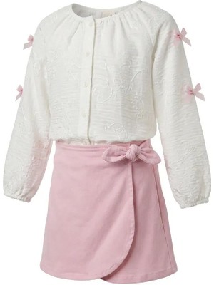 %100 Pamuk Bayramlık Kız Çocuk Şort Etekli Takım – Fiyonklu Bluz ve Pembe Şort Etek 2’li Şık Kombin
