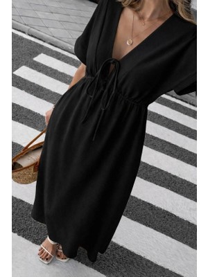 Kadın V Yaka Büzgülü Ip Detay Aerobin Kumaş Elbise