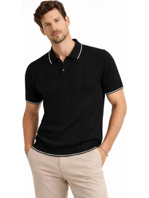 Çamaşır Kenti Erkek Düğmeli Yaka Triko Dokuma Tişört Desenli Yazlık  Şık Günlük Triko Tişört - Siyah