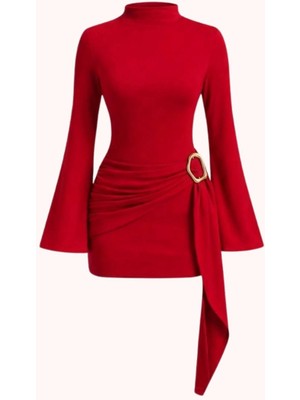 Pastelastore Toka Detaylı Kuşaklı Dik Yaka Mini Kadın Elbise