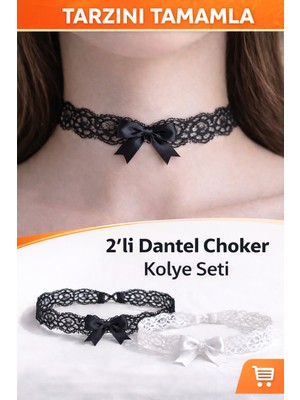 Liora De Mar 2’li Dantel Choker Kolye Seti Siyah Beyaz – Fiyonklu Zarif Boyun Aksesuarı
