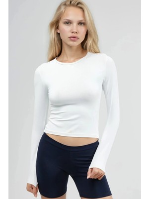 Hiccup Kadınlar BUSEM Slim Fit Yuvarlak Yaka Uzun Kollu Bluz Beyaz