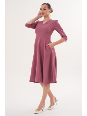 Ruris Kadın Gül Kurusu V Yaka Cepli Truvakar Kol Midi Kloş Double Kumaş Elbise