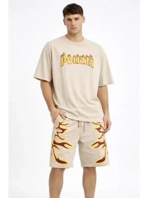 Marsilyan Erkek Bej Oversize Baskılı Tişört Şort Takım Cepli Şort Yazlık Rahat Günlük Kombin - Bej