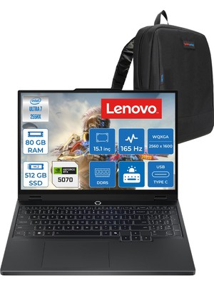 Lenovo Legion 5 15IAX10  Intel Core Ultra 7 255HX Ddr5 80GB 512GB SSD RTX5070/8GB/115W 15.1" Wqxga (2560X1600) OLED 1000NITS 165Hz Freedos Gaming Laptop 83F0008BTRF33+ZETTAÇANTA