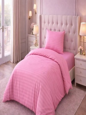 Vionetta Pamuk Saten Otel Serisi Tek Kişilik Nevresim Takımı Pembe Çizgili Lastikli Çarşaflı