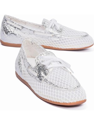 Mubiano Kadın File Loafer Gümüş Detaylı Bağcıklı Günlük Babet Lilia Beyaz