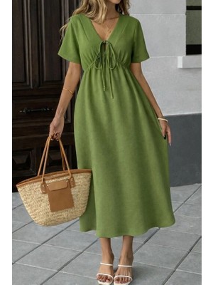 Kadın V Yaka Büzgülü Ip Detay Aerobin Kumaş Elbise