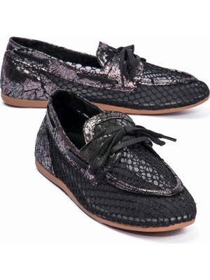 Mubiano Kadın File Loafer Platin Detaylı Bağcıklı Günlük Babet Lilia Siyah