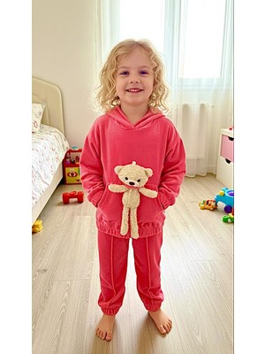 Sinem Çeyiz Nazar 22781 Neon Pembe Ayıcıklı Paçası Lastikli Kadife Eşofman Takım