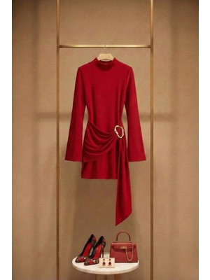 Pastelastore Toka Detaylı Kuşaklı Dik Yaka Mini Kadın Elbise