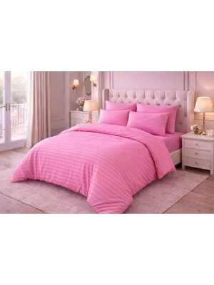 Vionetta Pamuk Saten Pembe Çizgili Otel Serisi Lastikli Çarşaflı Çift Kişilik Nevresim Takımı