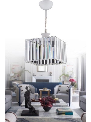 Allians Şık Beyaz Kare Taşlı Kristal Avize, Modern ve Parlak Tasarım