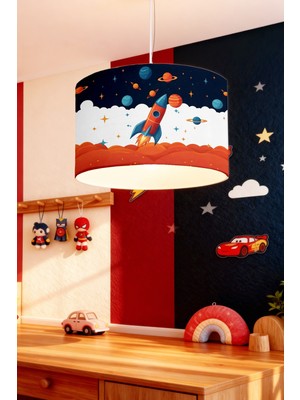 Allians Lacivert ve Kırmızı Uzay Desenli Çocuk Odası Avizesi, Şık ve Eğlenceli Tasarım