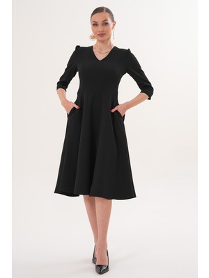 Ruris Kadın Siyah V Yaka Cepli Truvakar Kol Midi Kloş Double Kumaş Elbise