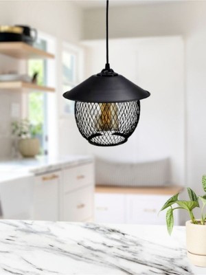 Allians Siyah Endüstriyel Şapkalı Hasır Tel Küre Sarkıt Avize Aydınlatma