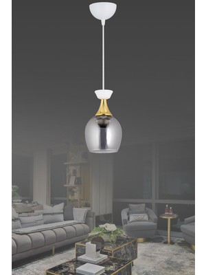 Allians Modern Beyaz Fanus Sarkıt Avize, Füme Cam ve Sarı Şerit Detaylı