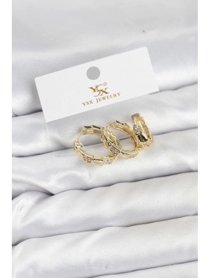 Epilons Mey Ithalat® Pirinç Gold Renk Zirkon Taşlı Halka Yılan Model Ysx Trio Küpe Seti