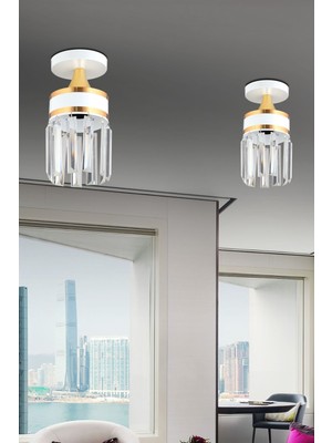 Allians Şık Kristal Taşlı Beyaz Silindir Avize, Sarı Şeritli, Modern Tasarım