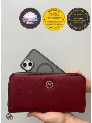 Shiny Ever Büyükboy Telefon Bölmeli Deri Kadın Cüzdan El Çantası Bordo Gold Detaylı