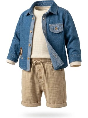 Mutlu Bebe %100 Pamuk Erkek Bebek Bayramlık 3’lü Takım Kot Gömlek Krem Üst ve Bej Pantolon Şık Bebek Kıyafeti
