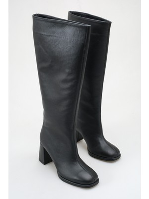 Rella Siyah Hakiki Deri Diz Altı Kadın Çizme Kalın Topuklu Şık Günlük Çizme