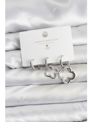 Epilons Mey Ithalat® Yonca Model Gümüş Renk Pirinç 3'lü Kadın Küpe Seti