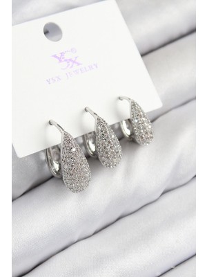 Epilons Mey Ithalat® Pirinç Zirkon Taşlı 3'lü Damla Model Gümüş Renk Kadın Küpe