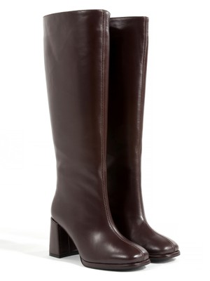 Rella Kahverengi Hakiki Deri Diz Altı Kadın Çizme Kalın Topuklu Şık Günlük Çizme
