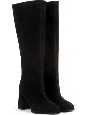 Rella Siyah Hakiki Deri Süet Diz Altı Kadın Çizme Kalın Topuklu Şık Günlük Çizme