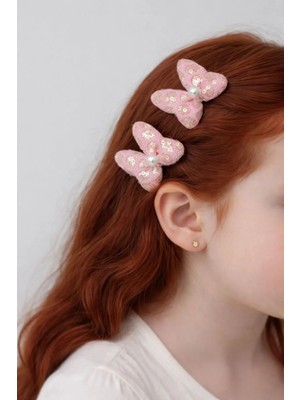 Nati Co Kız Çocuk Pembe Kelebek Pens Toka – Inci Detaylı Payetli Şık Tasarım