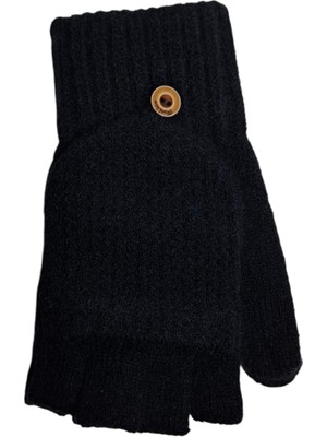 Spteks Suyutti Yetişkin Siyah Renk Düz Desenli Parmaksız ve Kapaklı Kışlık Örme Eldiven