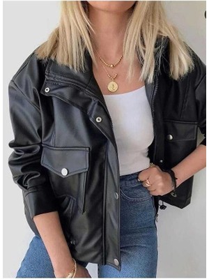 Moda Durağı Yanlardan Büzgü Detaylı Deri Ceket - Oversize Siyah