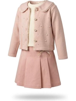 Kız Çocuk Pudra Incili Ceketli Bayramlık Takım Etekli 3'lü Kombin