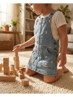 Mutlu Bebe %100 Pamuk Kız Çocuk Kot Salopet Yıldız Desenli Askılı Kot Jile Elbise Bayramlık Çocuk Elbisesi