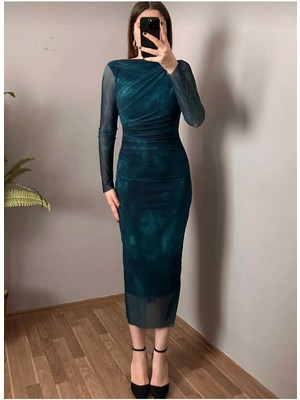 Moda Durağı Kaliteli Premium Tül Elbise Lacvert Lacivert