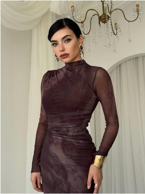 Moda Durağı Kaliteli Premium Tül Elbise Lacvert Kahverengi