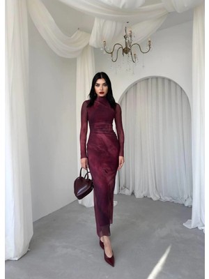 Moda Durağı Kaliteli Premium Tül Elbise Lacvert Bordo