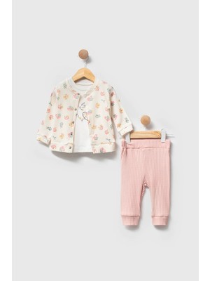 Bebeva Baby Kız Bebek Pembe Çiçek Desenli Ceket, Body ve Fitilli Pantolon 3'lü Kombin Takım