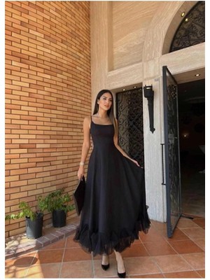 Moda Durağı Kaliteli Kadın Eteği Tül Detaylı Askılı Midi Boy Abiye Elbise Siyah
