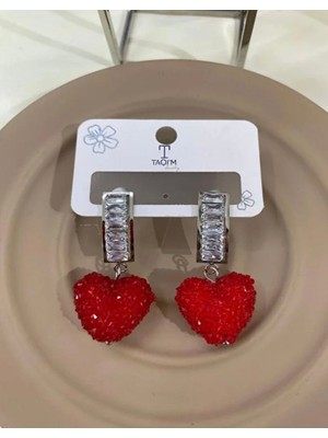 Taqi'm Jewelry Çelik Silver Kalp Detaylı Kırmızı Zirkon Taşlı Küpe