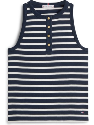 Tommy Hilfiger Gold Button Henley Top Kadın Beyaz T-Shirt - WW0WW49251