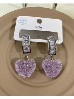 Taqi'm Jewelry Çelik Silver Kalp Detaylı Mor Zirkon Taşlı Küpe