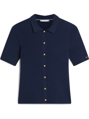 Tommy Hilfiger Rayon Rıb Slım Polo Ss Swt Kadın Mavi Bluz - WW0WW48482