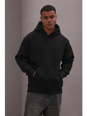 Tena Erkek Siyah Kapüşonlu Üç Iplik  Basic Sweatshirt