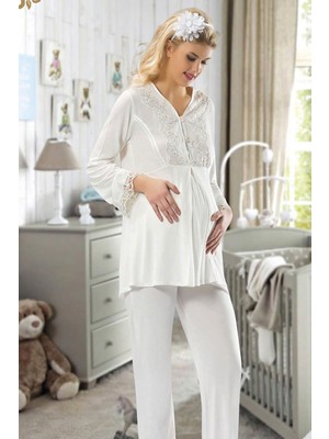 Sistina Hnrlishp Ekru Hamile ( Lohusa ) Pijama Takımı - 1604 - Beden S