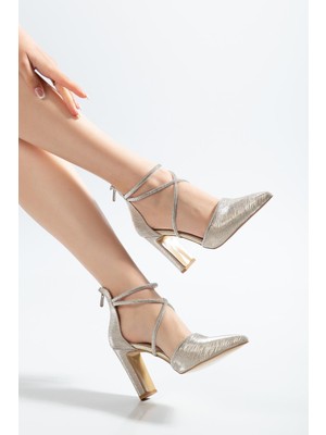 Suins Shoes Suins Lutin Model Kadın Yüksek Kalın Topuklu Çift Bantlı Simli Abiye Ayakkabı