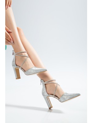 Suins Shoes Suins Lutin Model Kadın Yüksek Kalın Topuklu Çift Bantlı Simli Abiye Ayakkabı