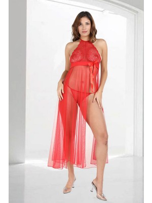 Sistina Hnrlishp Kırmızı Dantelli Tül Gecelik - M057 - Beden L/xl