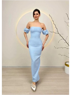 Moda Durağı Taş Detaylı Arkadan Yırtmaçlı Kaliteli Elbise Mavi